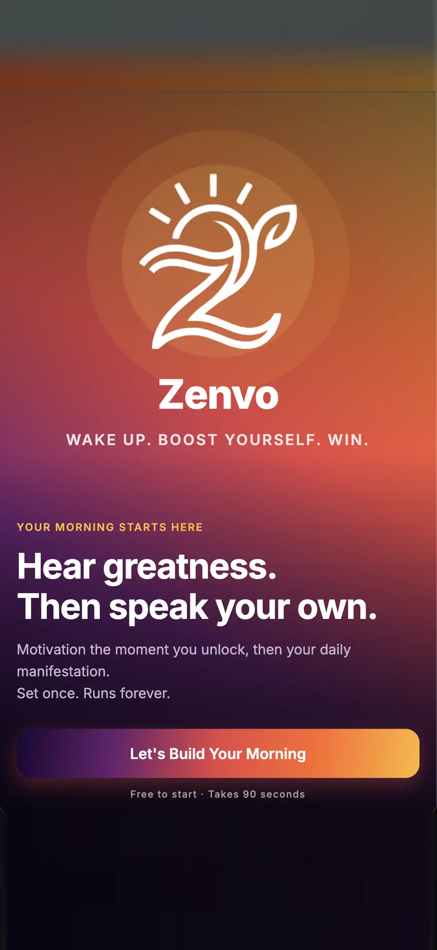Zenvo's welcome screen on an iPhone. Hear greatness. Then speak your own.