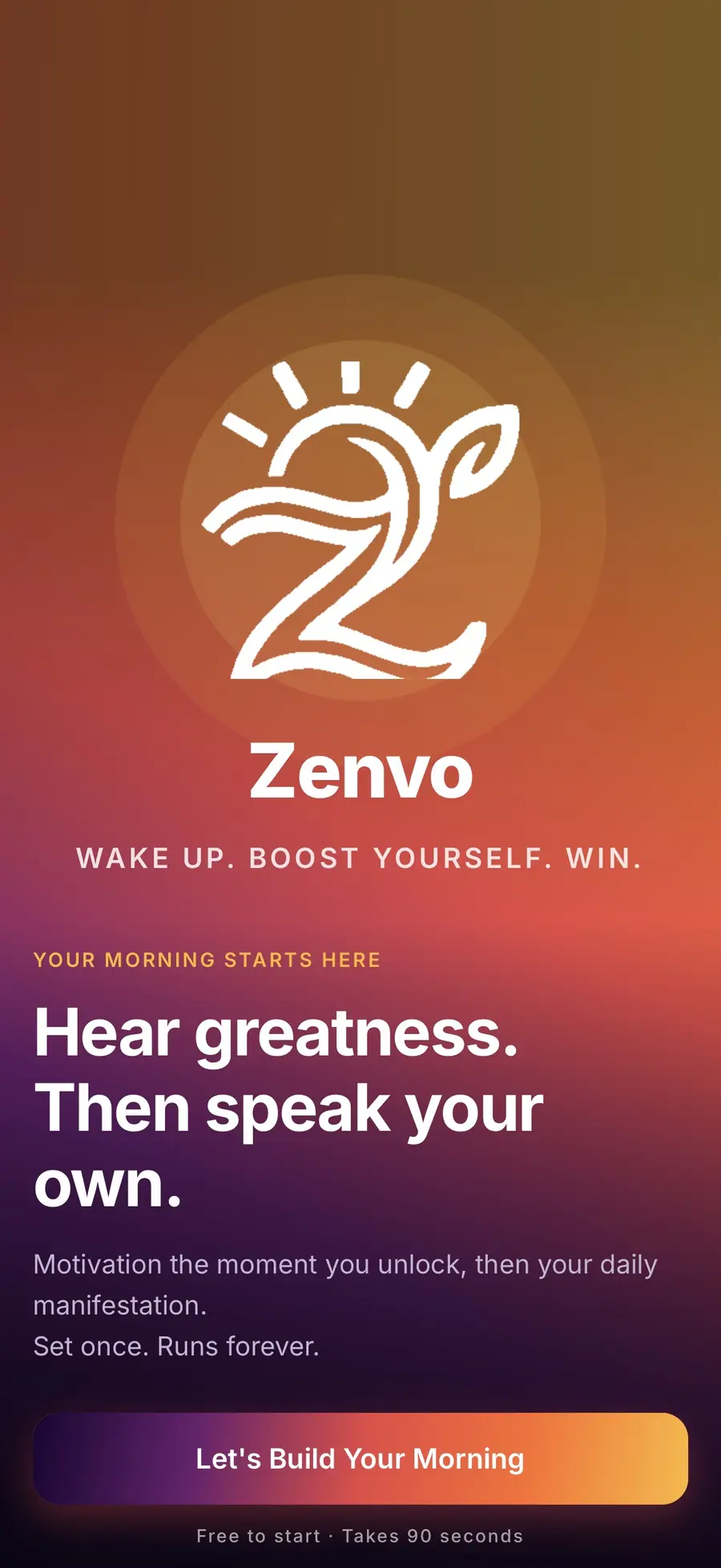 Zenvo's welcome screen on an iPhone. Hear greatness. Then speak your own.