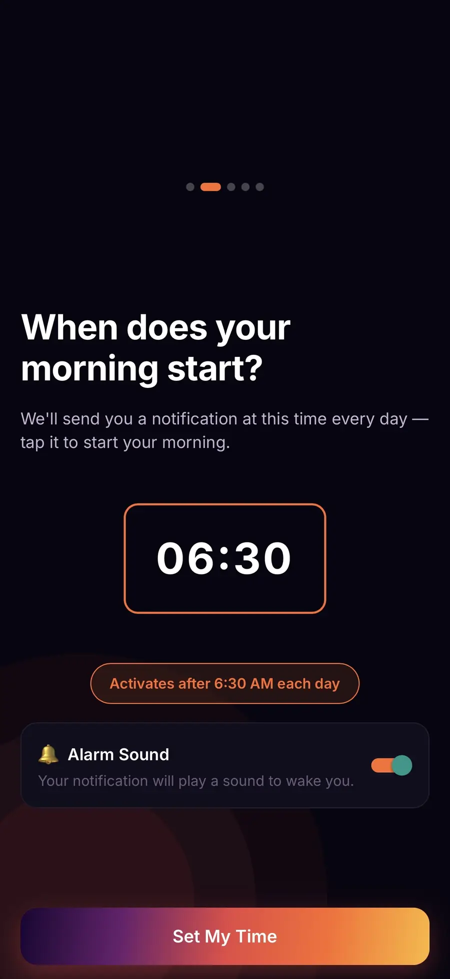 Zenvo setup screen, choosing what time your morning starts.