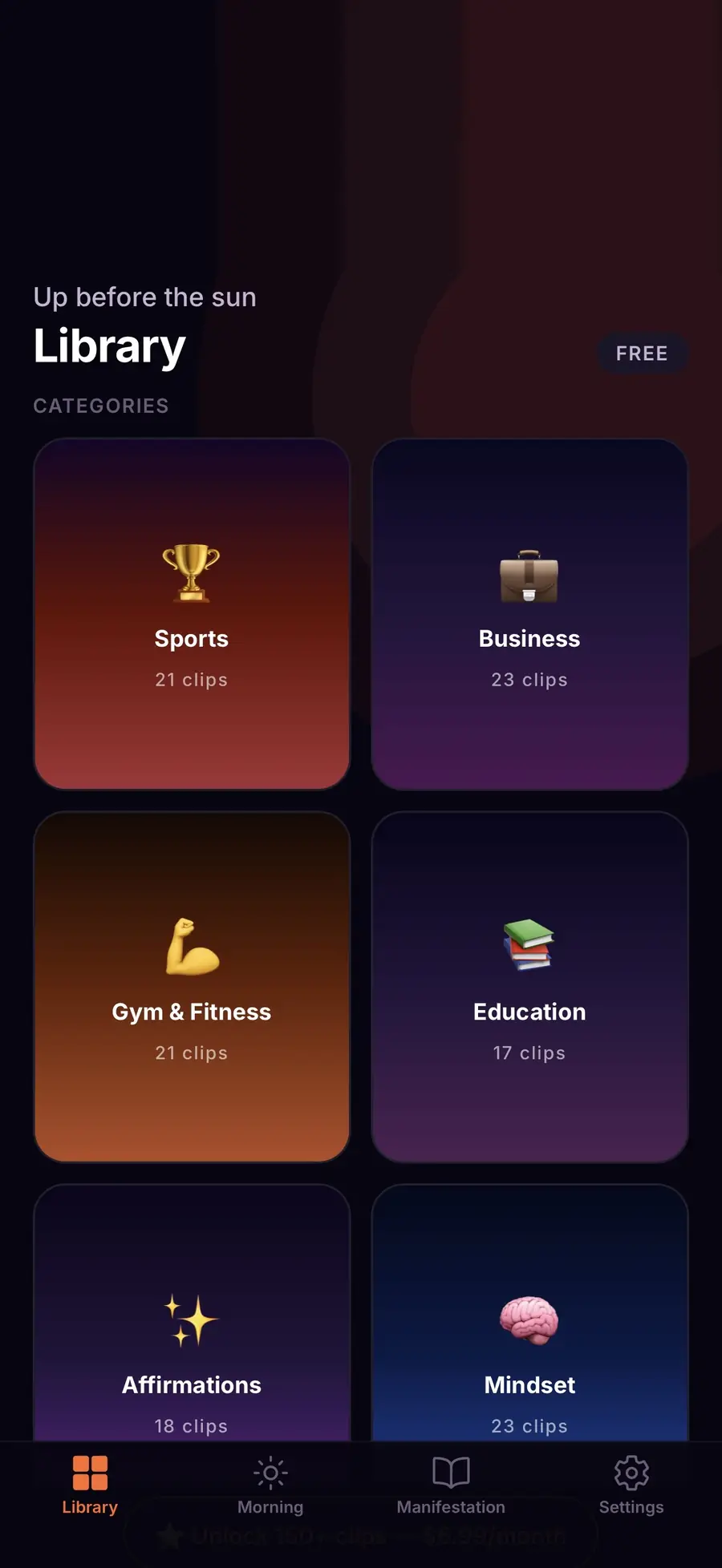 Zenvo's library of clip categories, from Sports to Mindset.