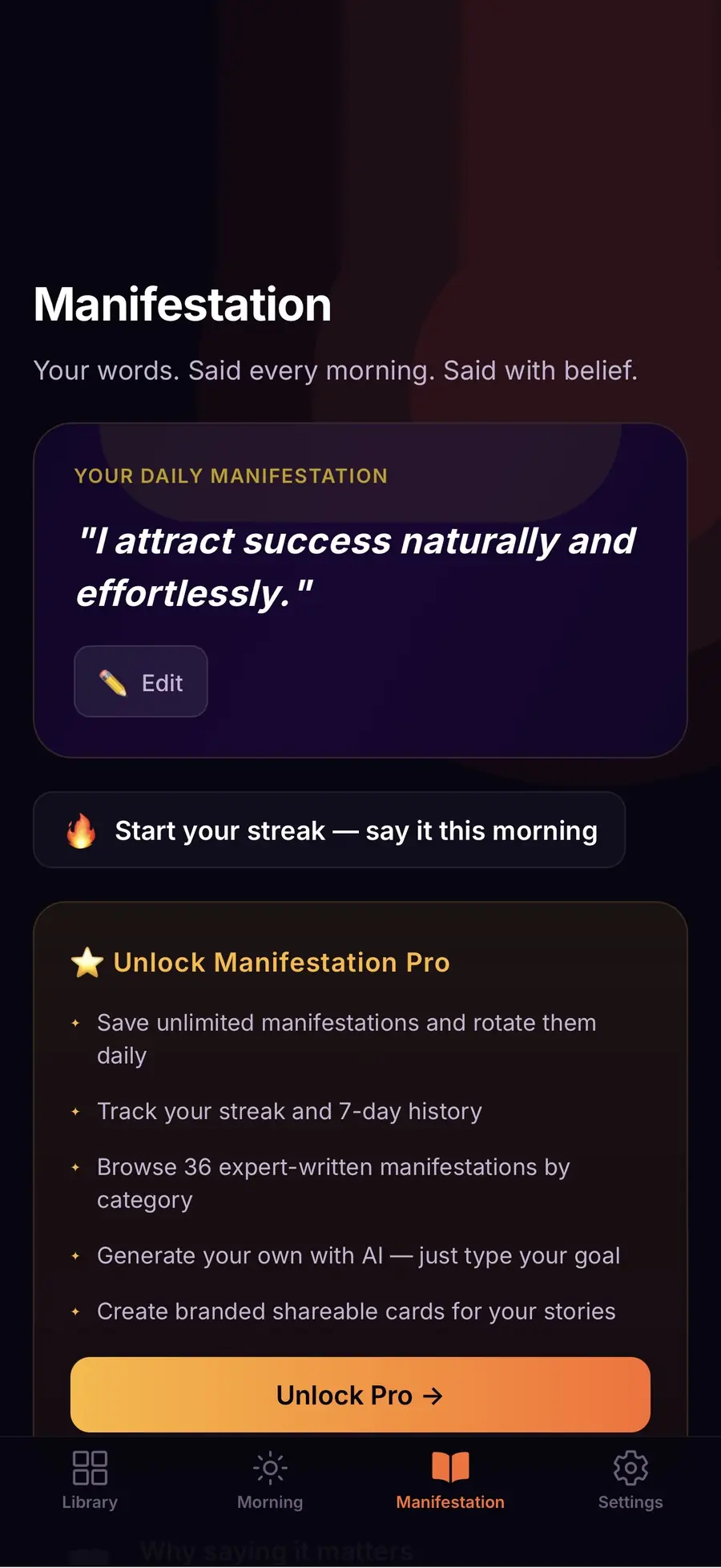 Zenvo's daily manifestation screen, with your line to say out loud.